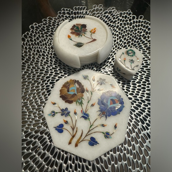 Marble Tea Coaster Set Inlay Floral Semi Precious Stone Handmade Home Decor - Picture 5 of 7